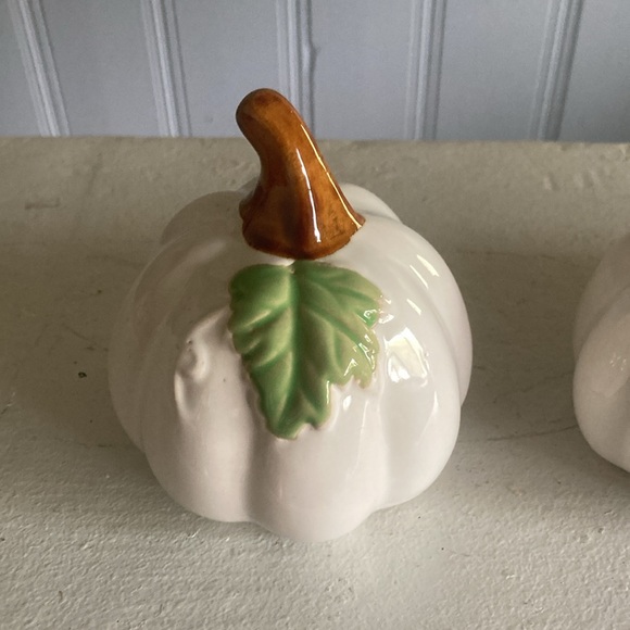 NWT- Set of 3- White- Green Leaf - Porcelain Glazed Fall Pumpkin Decorations 🍂 - Picture 4 of 16